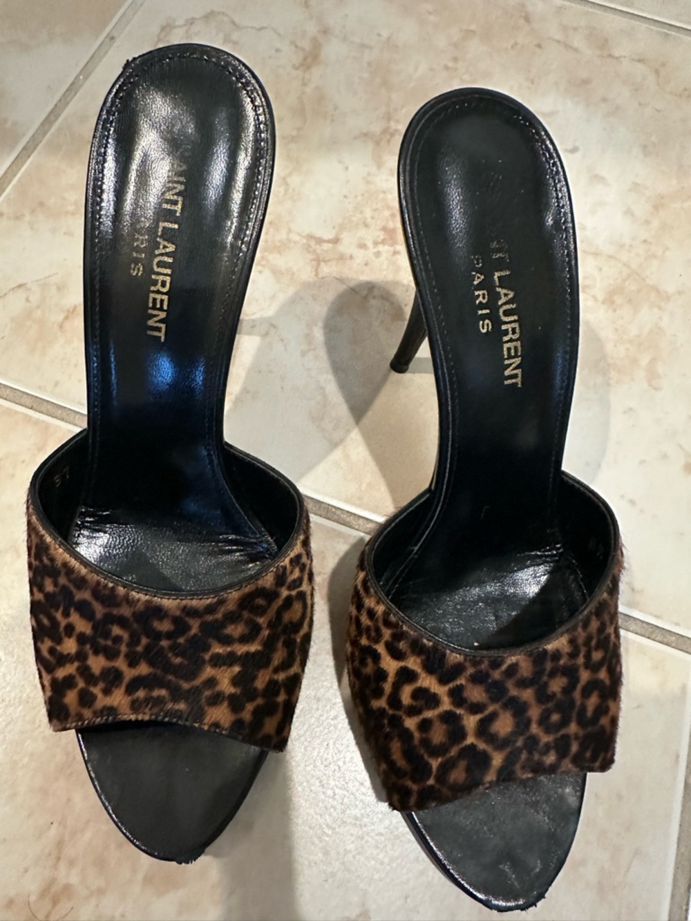 Saint Laurent Leopard-Print Open Toe Mules in Brown and Black - Picture 4 of 6